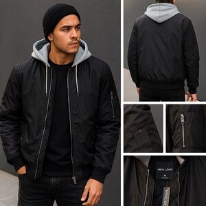 New Look Men's Black Bomber Jacket with Gray Hood size XL
